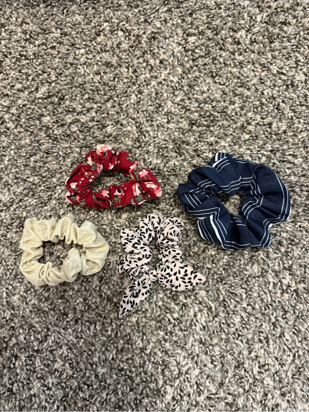 Hair Scrunchies Set - Red Floral, Navy Stripe, Cream, Blush Leaf